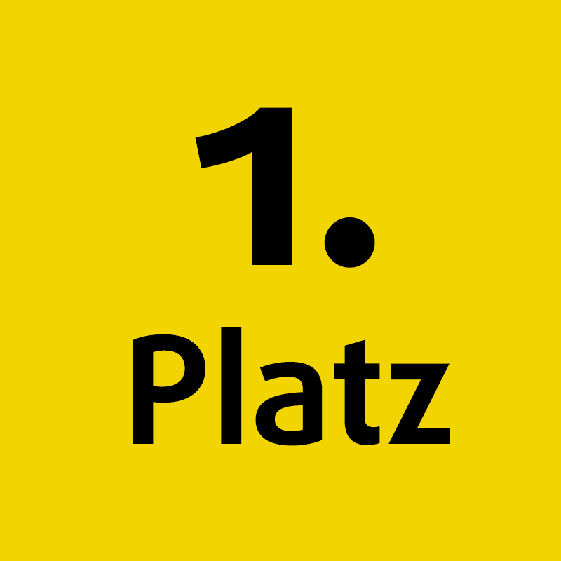 Fettgedruckter schwarzer Text 1. Platz auf gelbem Hintergrund.