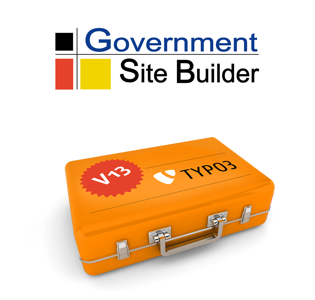 Eine orangefarbene Metallkoffer mit der Aufschrift TYPO3 V13 unter dem Logo des Government Site Builder.
