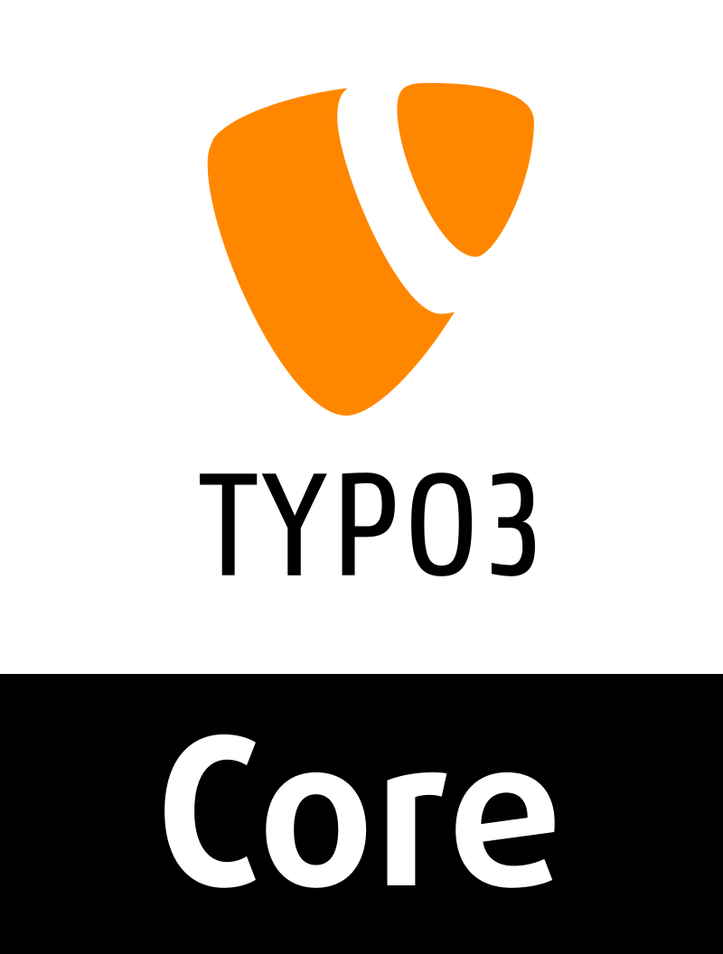TYPO3 Logo mit weißen abstrakten Formen auf orangem Hintergrund und dem Schriftzug Core in Weiß auf schwarz.