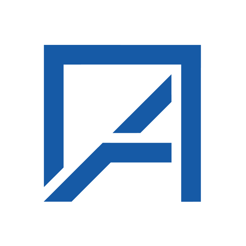 Blaues geometrisches A-Logo auf weißem Hintergrund, erstellt mit kühnen, kantigen Linien.