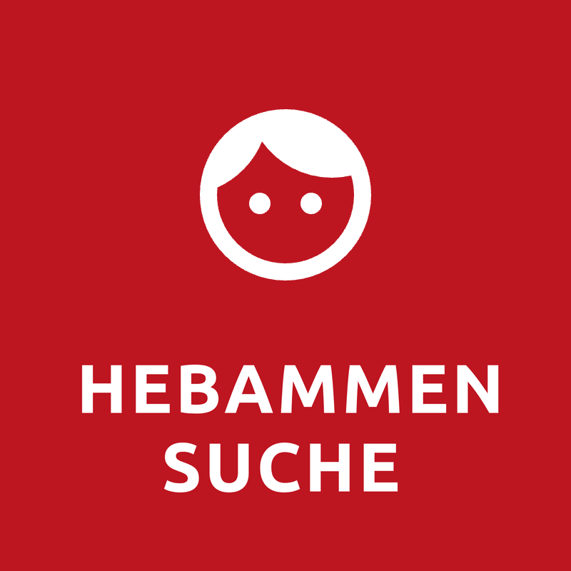 Weißes Symbol eines lächelnden Gesichts über dem Text HEBAMMEN SUCHE auf rotem Hintergrund.