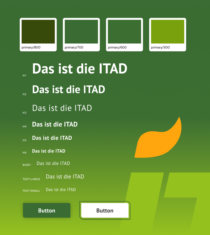Grüner Styleguide mit Farbfeldern, Schriftgrößen, einem gelben Blatt und zwei Beispiel-Buttons mit dem Text „Button“.