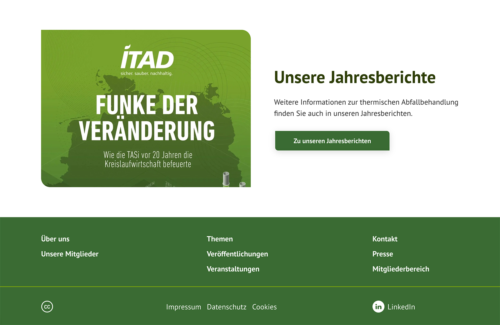 Grünes Banner mit dem Titel „Funke der Veränderung“ von ITAD und Ansteckbutton zu den Jahresberichten.