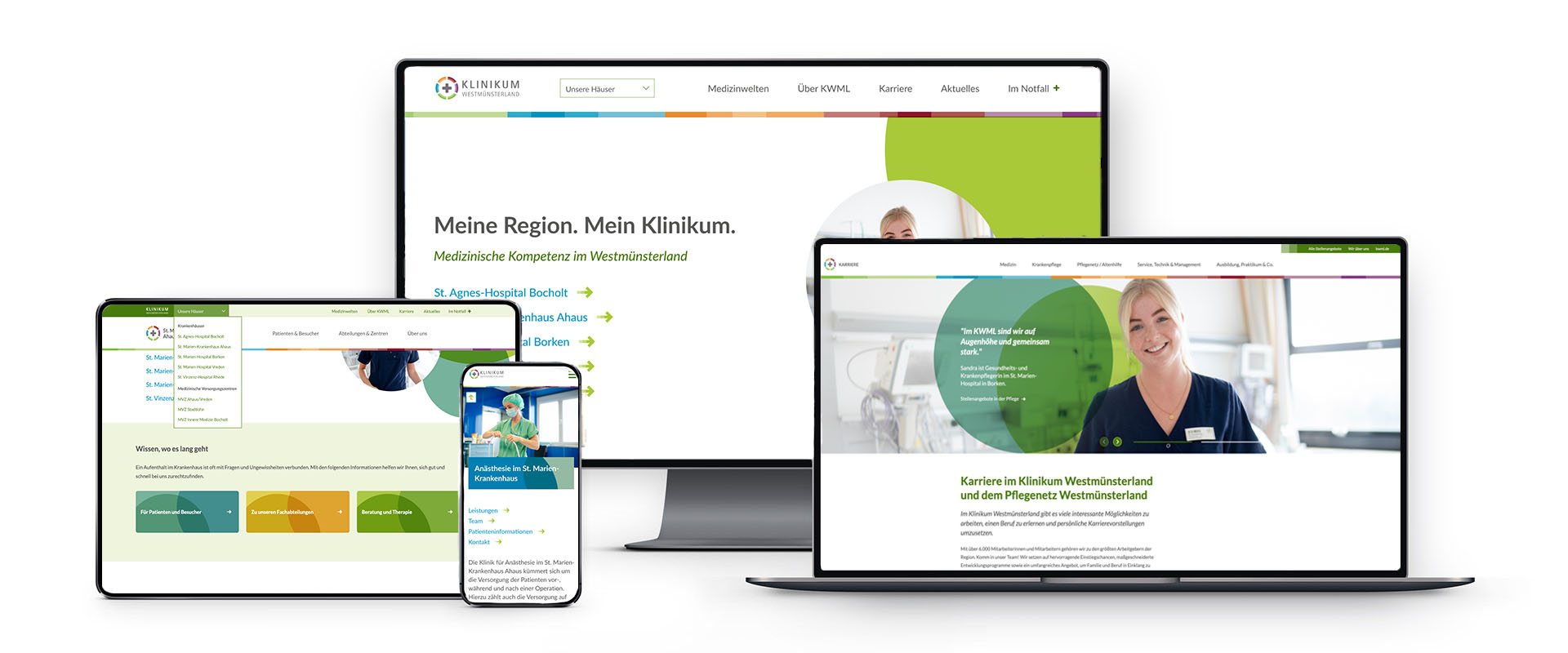 Auf einem Desktop-Computer, einem Laptop, einem Tablet und einem Smartphone wird eine Website zum Thema Gesundheitswesen angezeigt. Auf den Bildschirmen werden verschiedene Webseiten mit medizinischen Fachkräften, Navigationsmenüs und Informationsabschnitten angezeigt, wodurch die digitale Zugänglichkeit auf allen Geräten hervorgehoben wird.