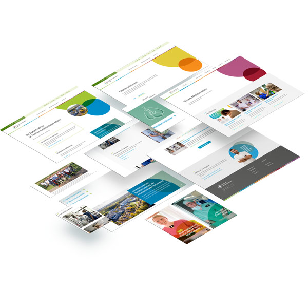 Eine 3D-gerenderte Anordnung verschiedener Webseitendesigns mit bunten, überlappenden Quadraten und Kreisen. Die Seiten enthalten Bilder von Personen, Textabschnitte und Navigationsmenüs und zeigen eine Mischung aus Geschäfts- und Gesundheitsthemen.