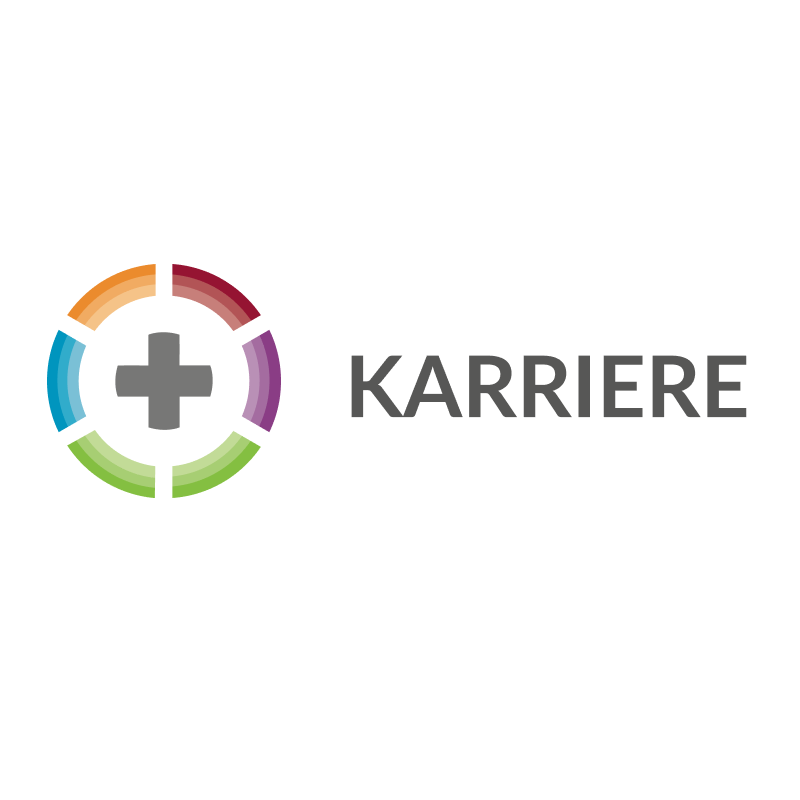 Kreisförmiges Logo mit einem grauen medizinischen Kreuz und bunten Segmenten, daneben das Wort KARRIERE in grauer Schrift.