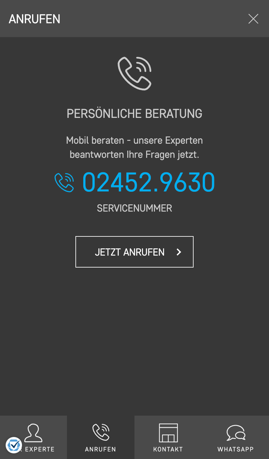 Kontaktseite mit Telefonsymbol, Servicenummer 02452 9630 und einer Schaltfläche mit der Aufschrift JETZT ANRUFEN.