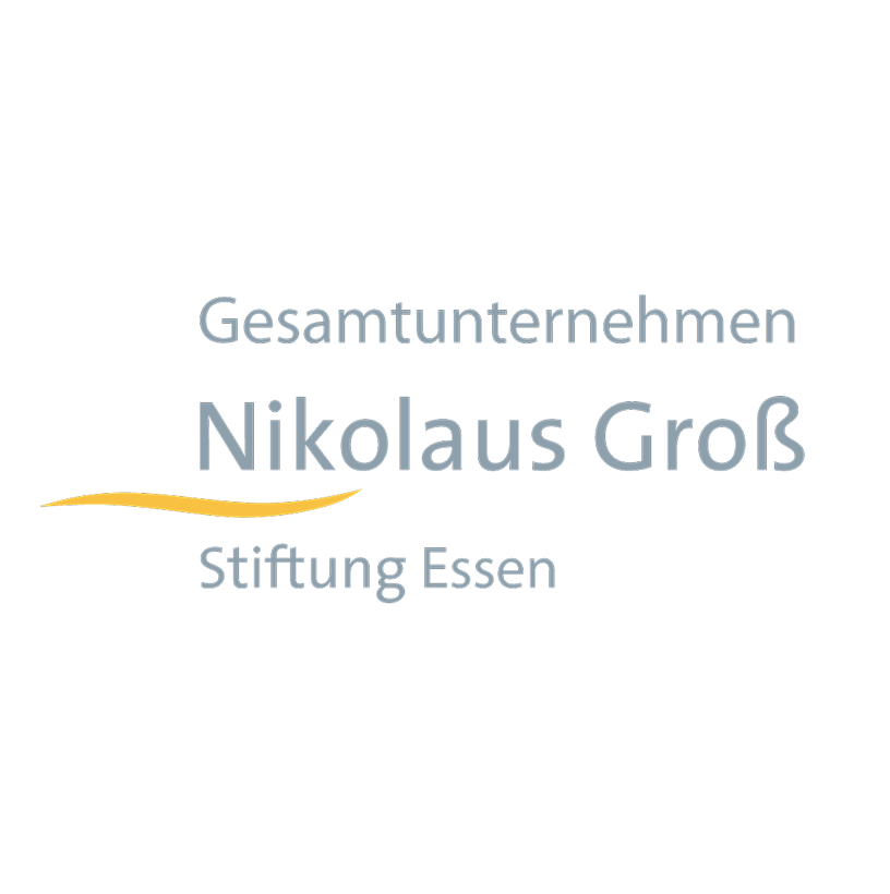 Logo: "Gesamtunternehmen Nikolaus Groß Stiftung Essen", hellgrau, weiße Fläche, gelber Bogen unter "Gesamtunternehmen".