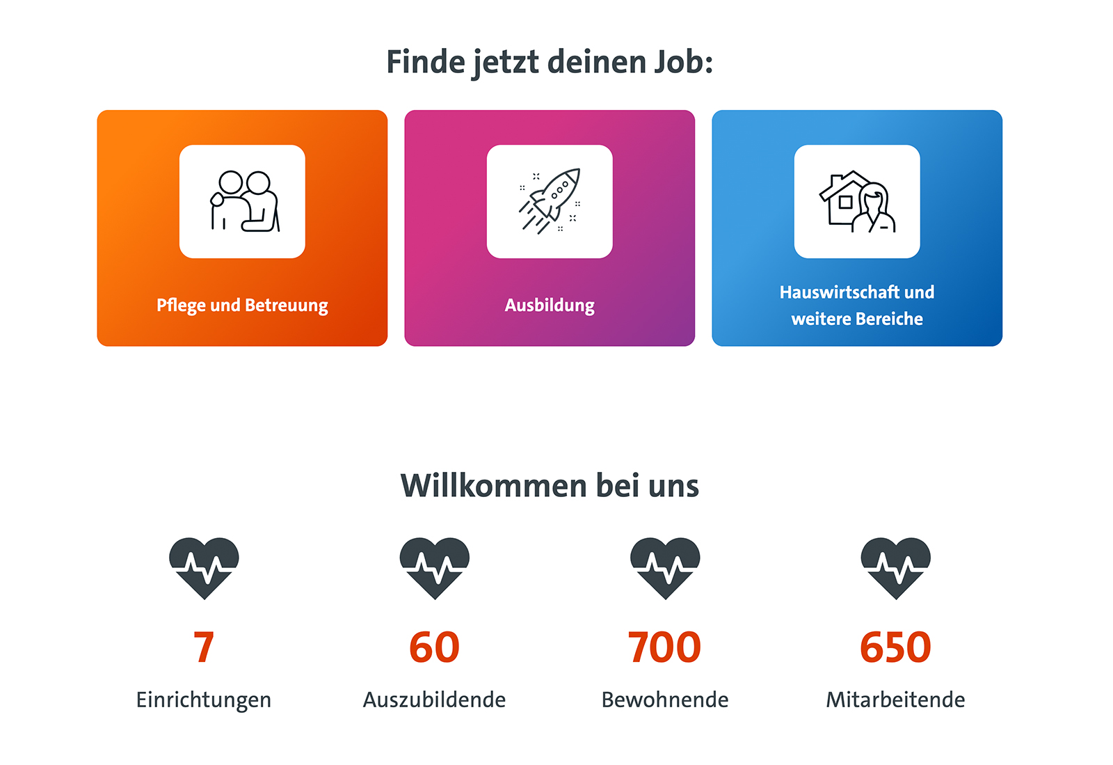Screenshot der Website von drei bunten Boxen für Jobs: Pflege, Ausbildung, Hauswirtschaft. Unten Zahlen: 7 Häuser, 60 Azubis, 700 Bewohner, 650 Mitarbeitende.