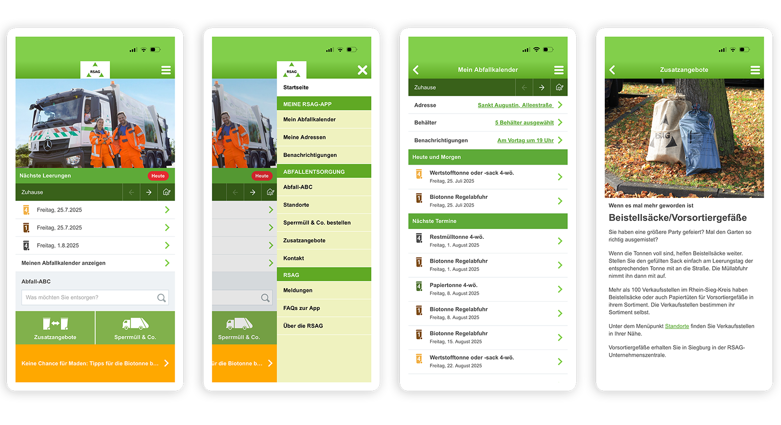 Vier Smartphone-Bildschirme zeigen eine Müllabfuhr-App mit Zeitplänen, Optionen und Mülltonnen.