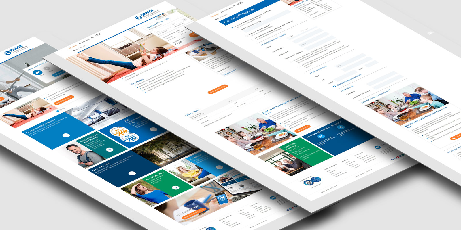 Drei Landingpages der Website, auf denen Krankenversicherungsdienste und Online-Formulare vorgestellt werden.