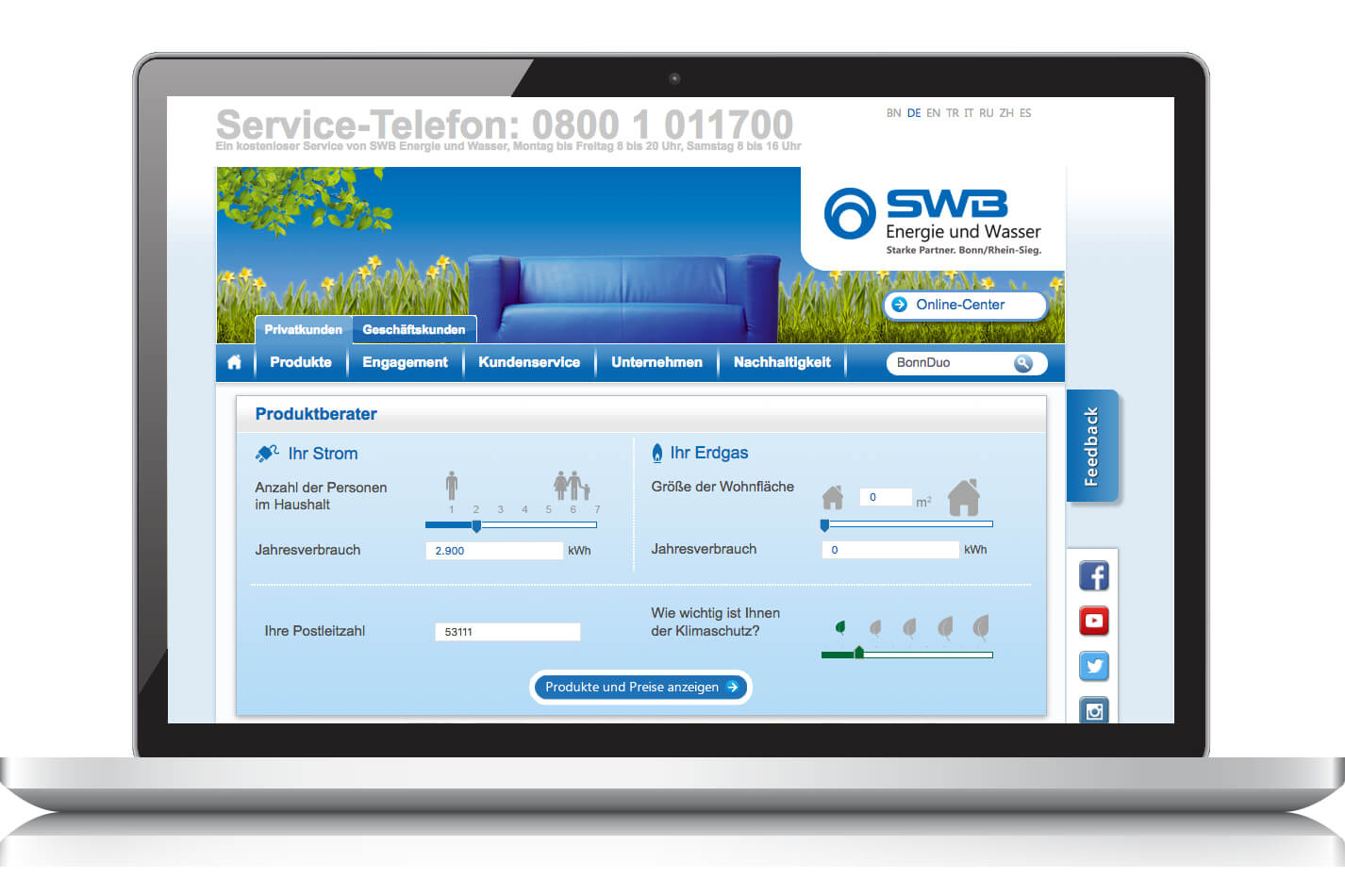 Auf einem Laptop wird die Website eines Versorgungsunternehmens mit Energie- und Wasserversorgungsoptionen und einem blauen Design angezeigt.