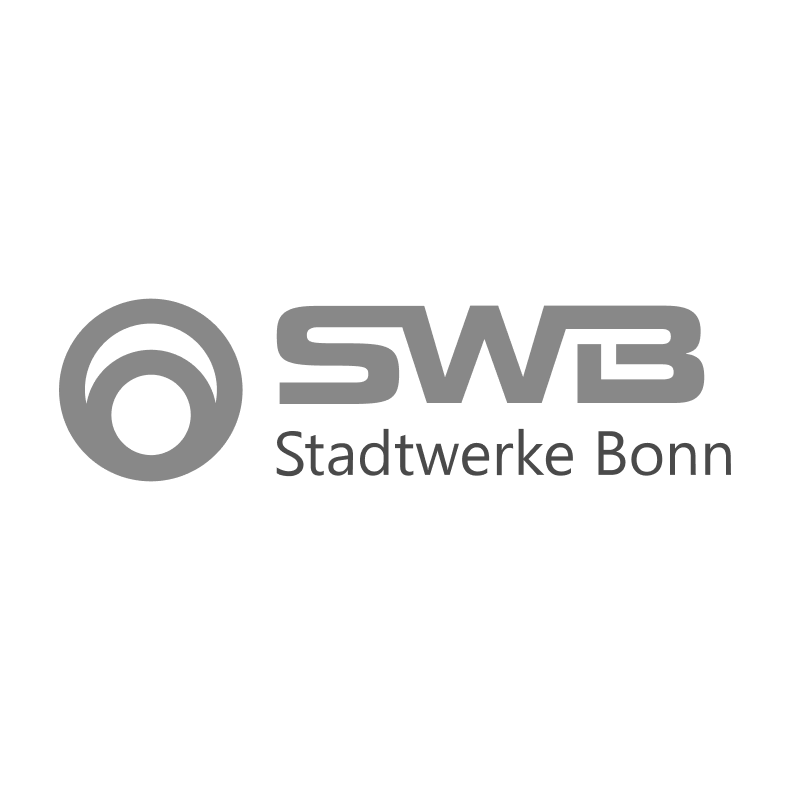 SWB Stadtwerke Bonn Logo in Grau mit kreisförmiger Grafik und fettgedrucktem Text auf weißem Hintergrund.