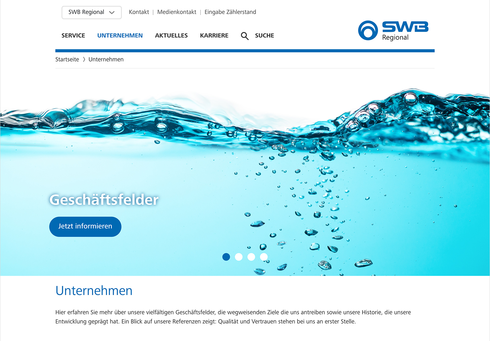 Screenshot der Website mit SWB-Regional-Logo, Wasserwellen-Banner und Geschäftsfelder-Button in Blau.
