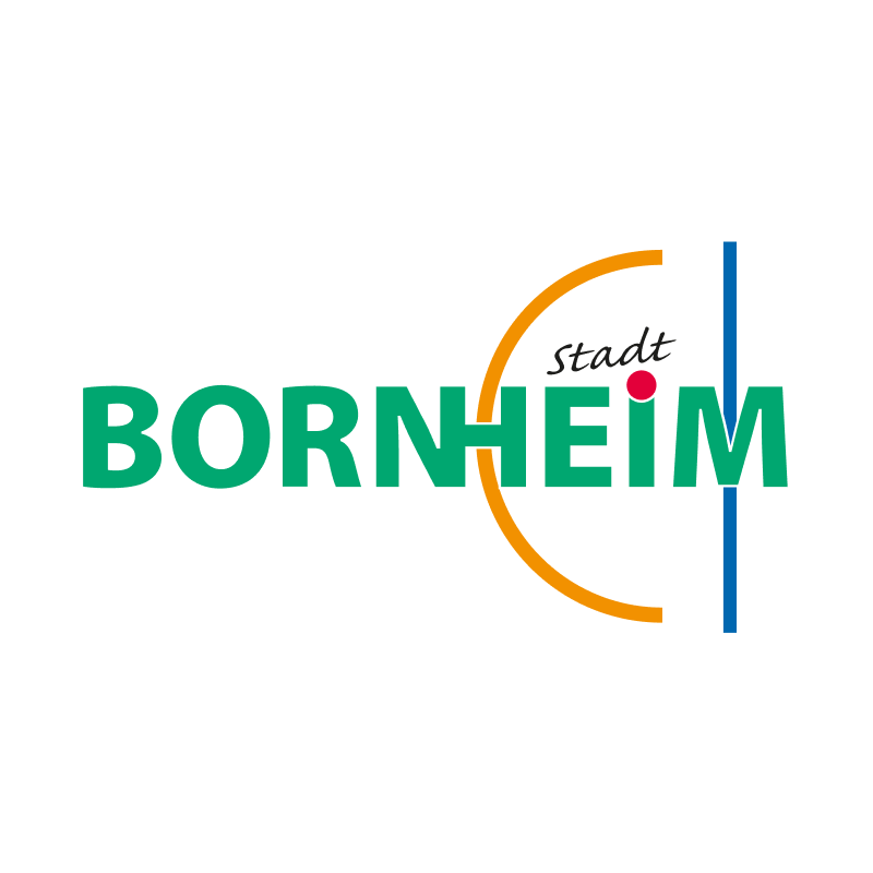 Logo der Stadt Bornheim mit grünem Text, orangefarbenen Halbkreisen, einer blauen vertikalen Linie und einem roten Punkt auf dem I.