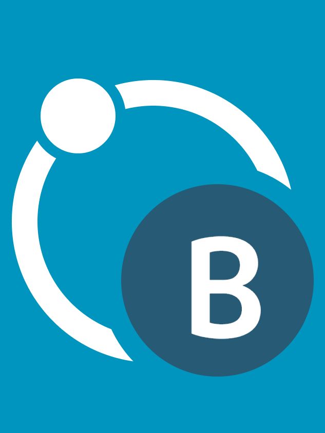 Stilisierter Buchstabe B in einem dunkelblauen Kreis mit einem weißen Orbit und Punkt auf blauem Hintergrund.