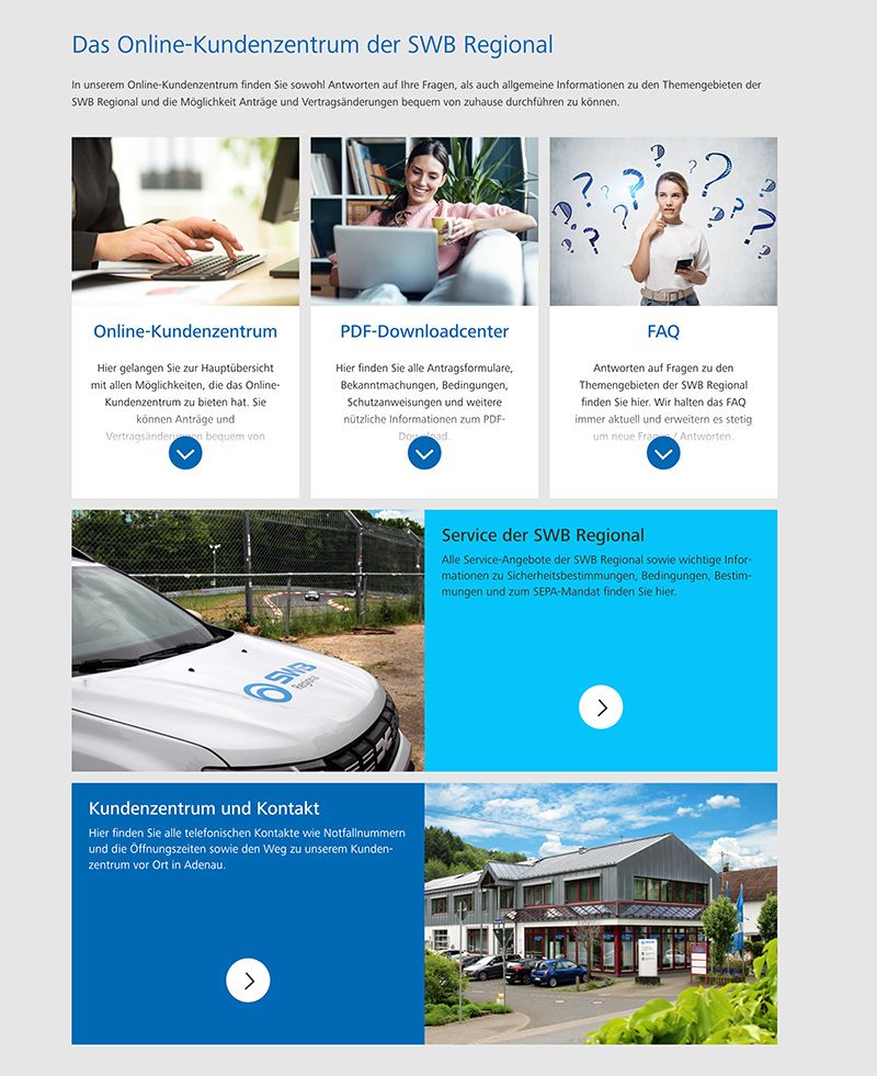 Screenshot der Online-Kundencenter-Webseite von SWB Regional mit Service- und Kontaktoptionen, Bildern und blauen Akzenten.