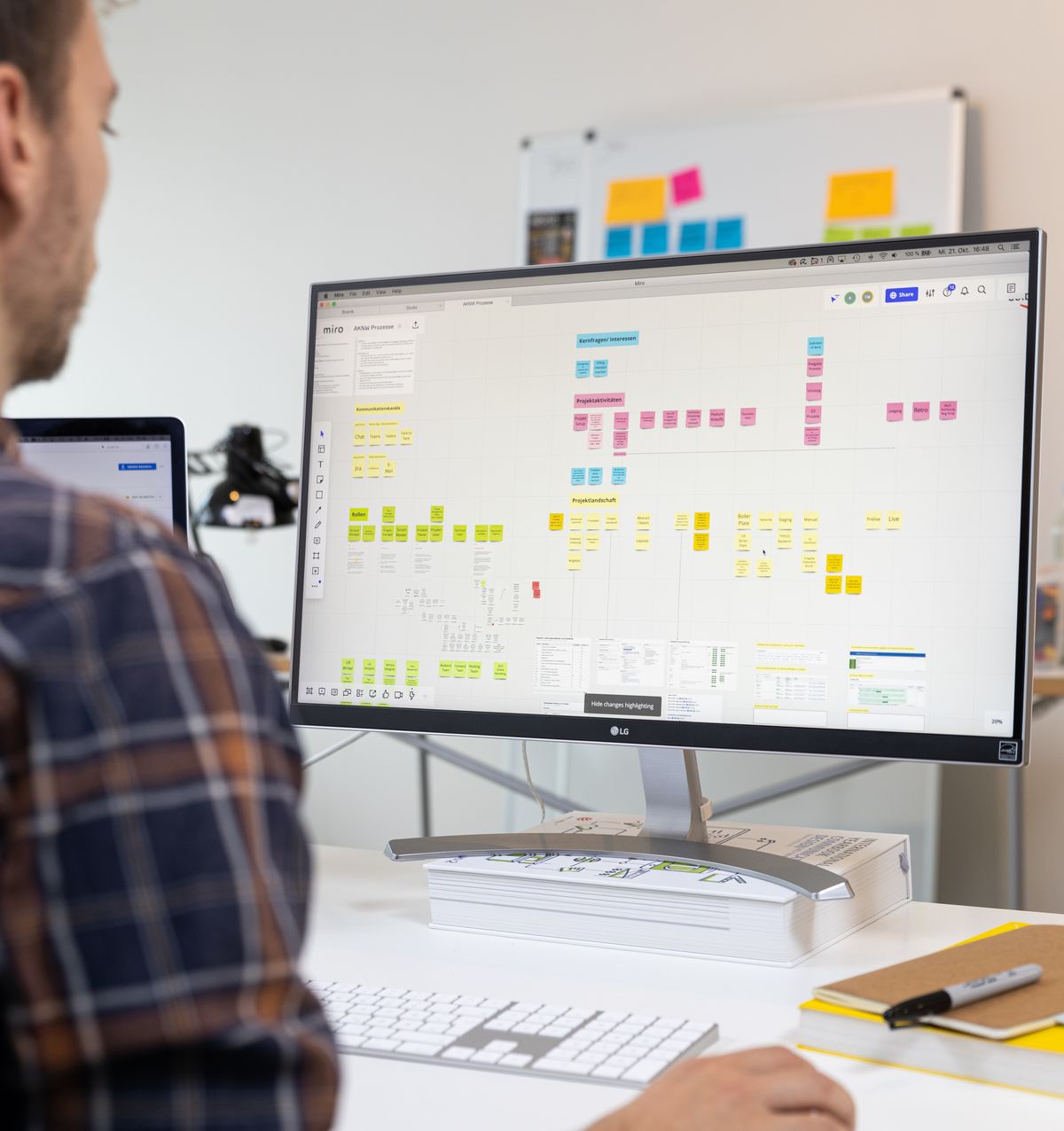 Eine Person arbeitet an einem Schreibtisch und sieht auf einen Computermonitor mit bunten Haftnotizen und Diagrammen auf dem Bildschirm.