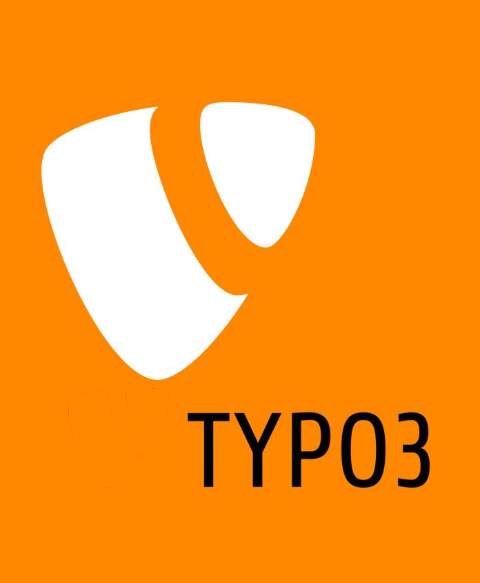 Weißes TYPO3-Logo und Text auf orangefarbenem Hintergrund.
