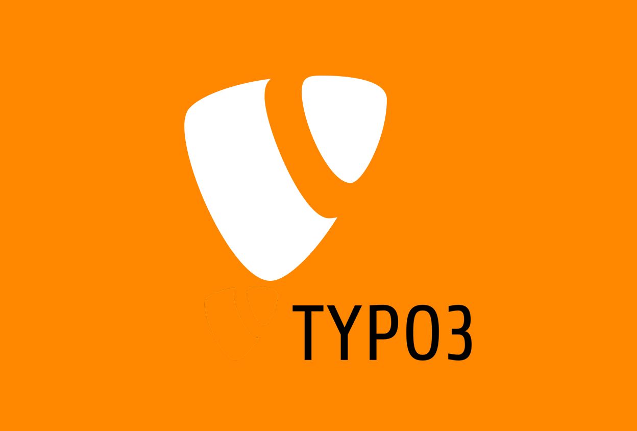 Weißes TYPO3-Logo und Text auf orangefarbenem Hintergrund.