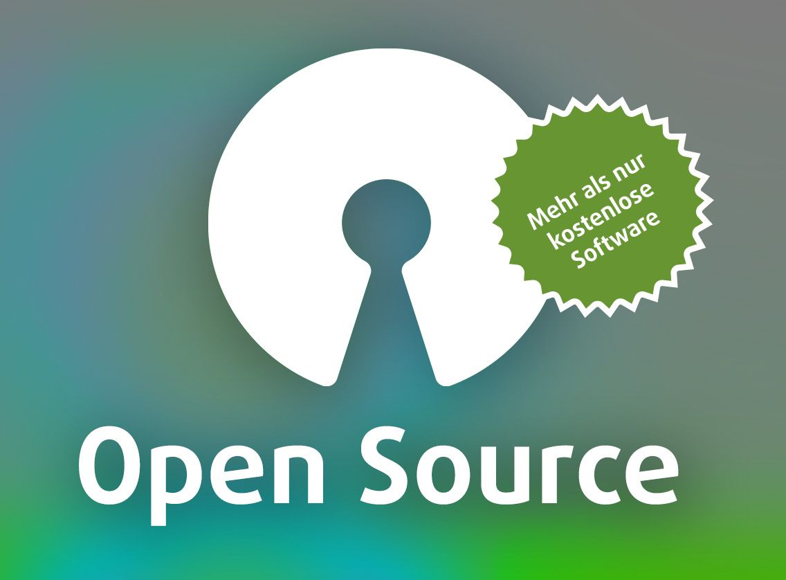 Weißes Open-Source-Logo und Text mit einem grünen Kreis mit weißem Rand und der Aufschrift Mehr als nur kostenlose Software.