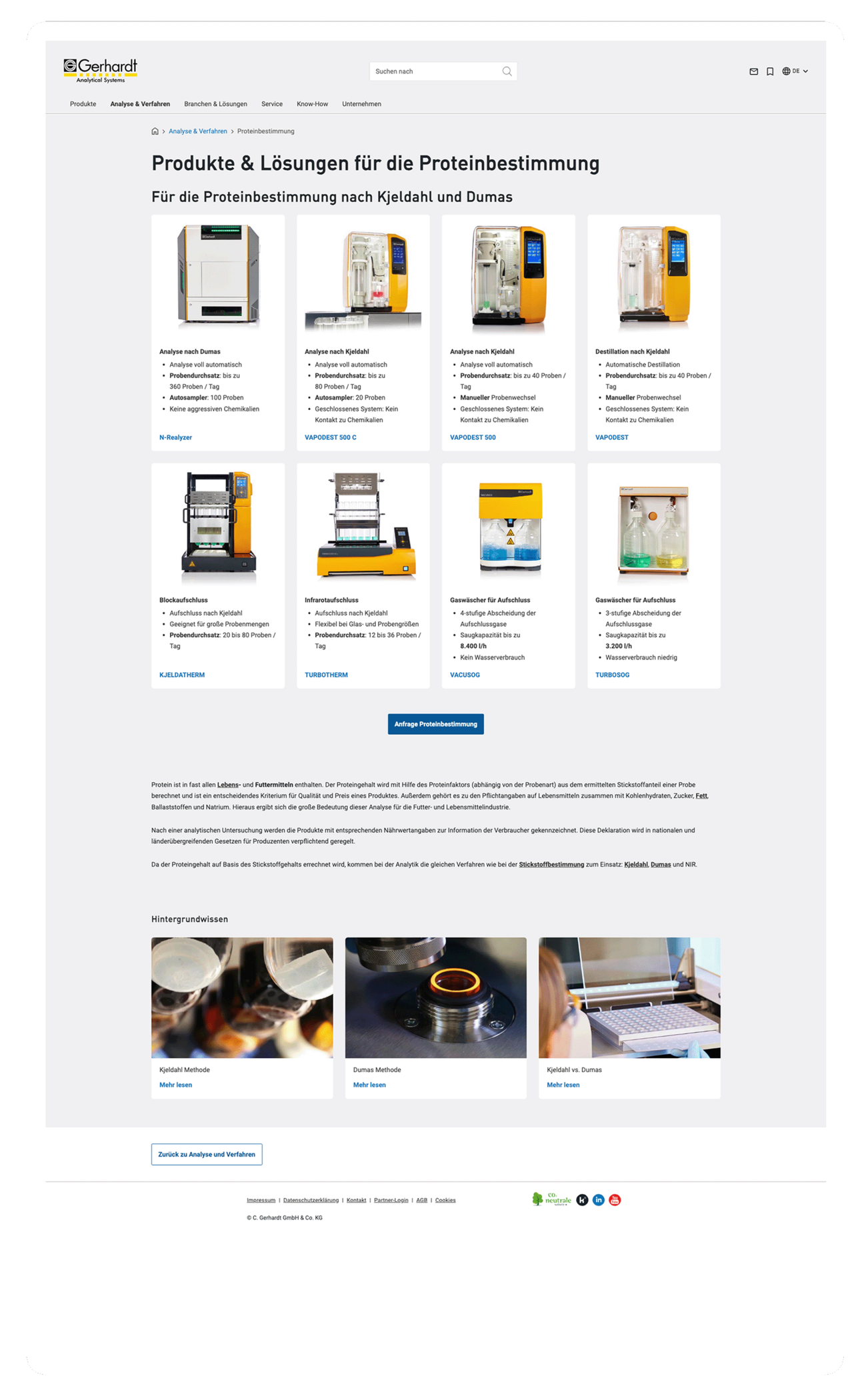 Die Website zeigt Produkte zur Proteinbestimmung mit Bildern, Beschreibungen und Fotos von Anwendungen.