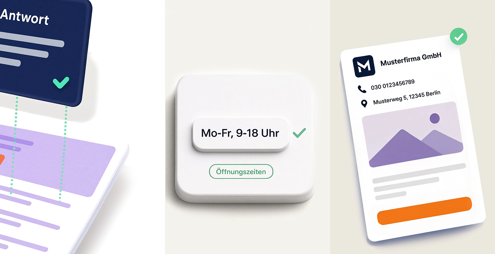 Sprechblase mit Text, Schaltfläche mit Öffnungszeiten, Visitenkarte mit Kontaktdaten und Lageplan.