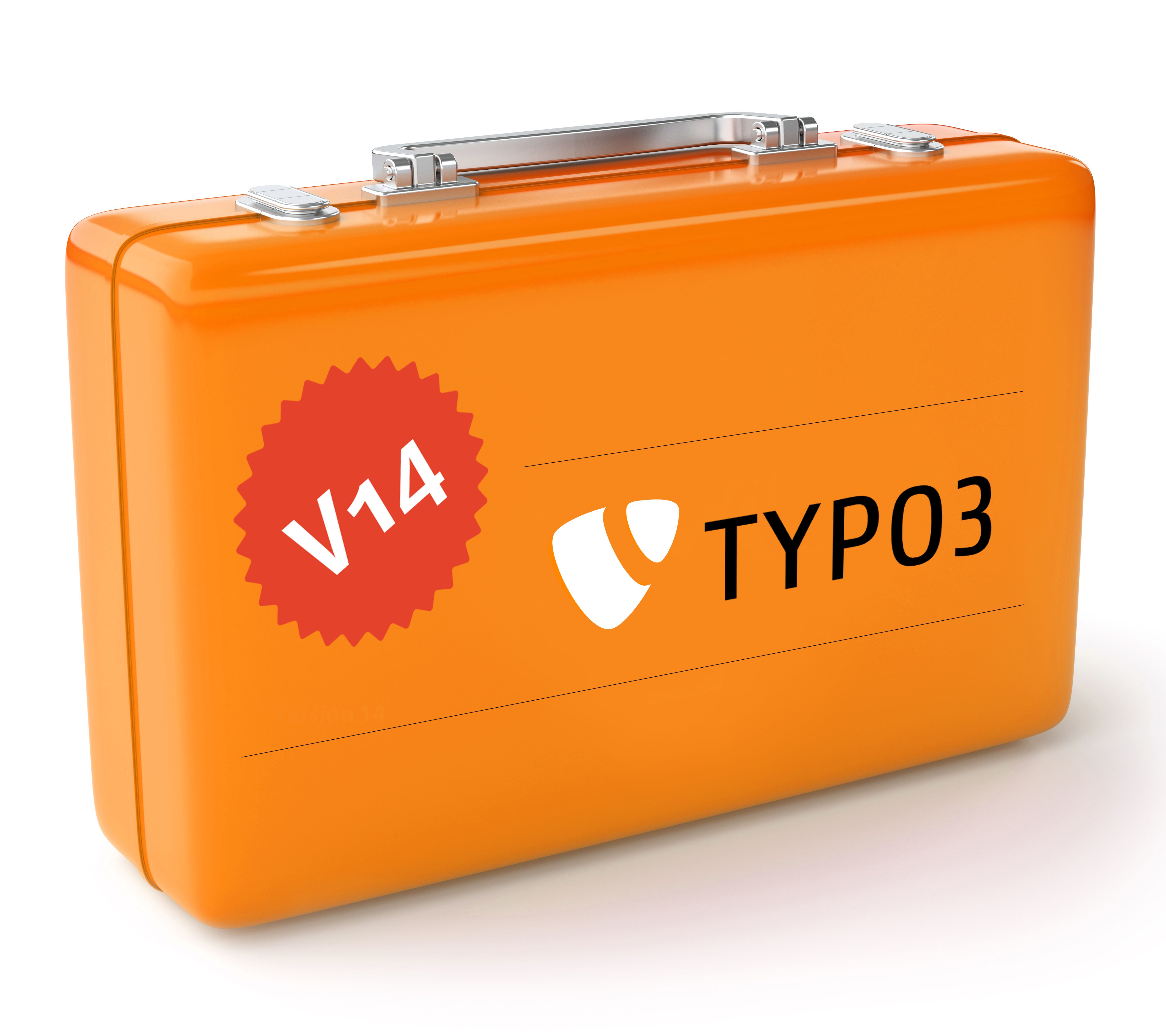 Orangefarbener Koffer mit TYPO3 V14-Logo, Versionszeitplan und dem Text "Breaking Changes in November 2025".