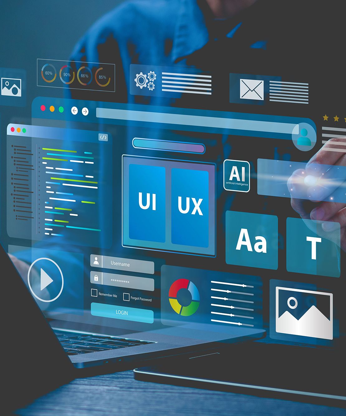 Person mit einem Laptop, auf dem virtuelle UI/UX-Design-Elemente und digitale Schnittstellengrafiken in der Luft schweben.