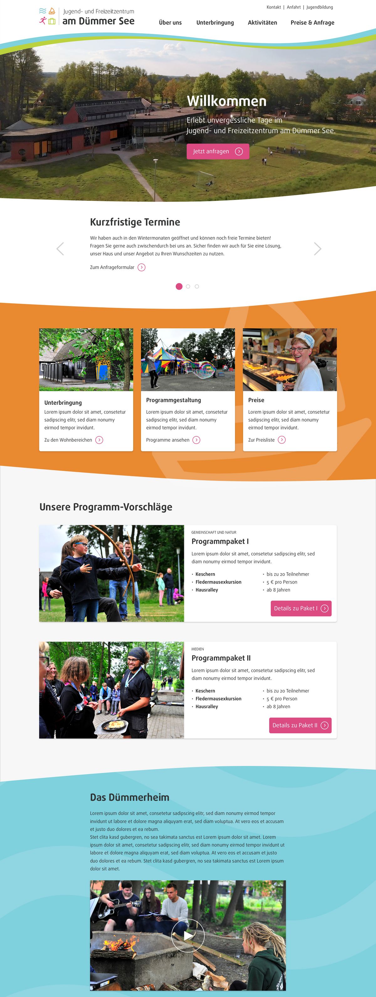 Screenshot einer Website für das Jugend- und Freizeitzentrum, mit Programmen, Veranstaltungen, Fotos und Besucherbewertungen.