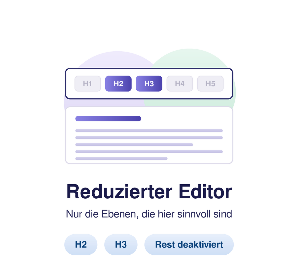 Editor, bei dem nur H2 und H3 aktiv sind. Text: Reduzierter Editor. Nur relevante Ebenen sichtbar.