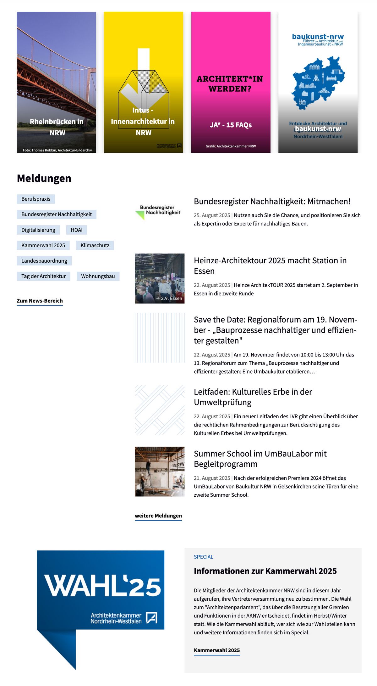 Screenshot der Startseite mit Nachrichten, bunten Bannern, einem Navigationsmenü und Informationskästen.