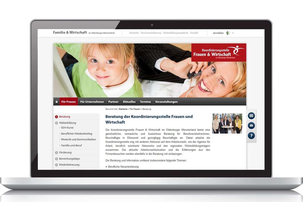 Ein Laptop-Bildschirm, auf dem die Website von der Koordinierungsstelle Vechta angezeigt wird. Die Site hat ein Banner mit lächelnden Frauen und ein Seitenleistenmenü, in dem verschiedene Dienste wie Beratung und Kinderbetreuung aufgelistet sind. Der Seiteninhalt beschreibt einen Beratungsdienst.