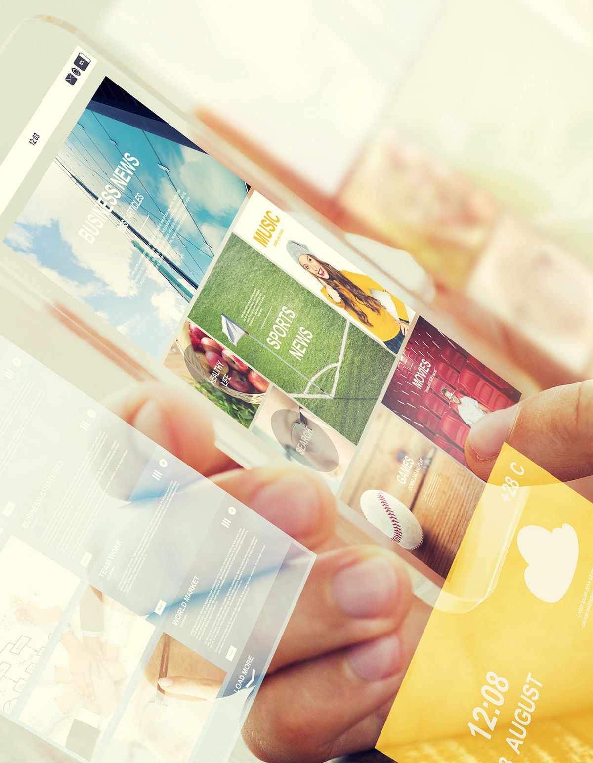 Nahaufnahme einer Person, die ein Smartphone mit Sportnachrichten und Wetter-Apps auf dem Bildschirm benutzt.