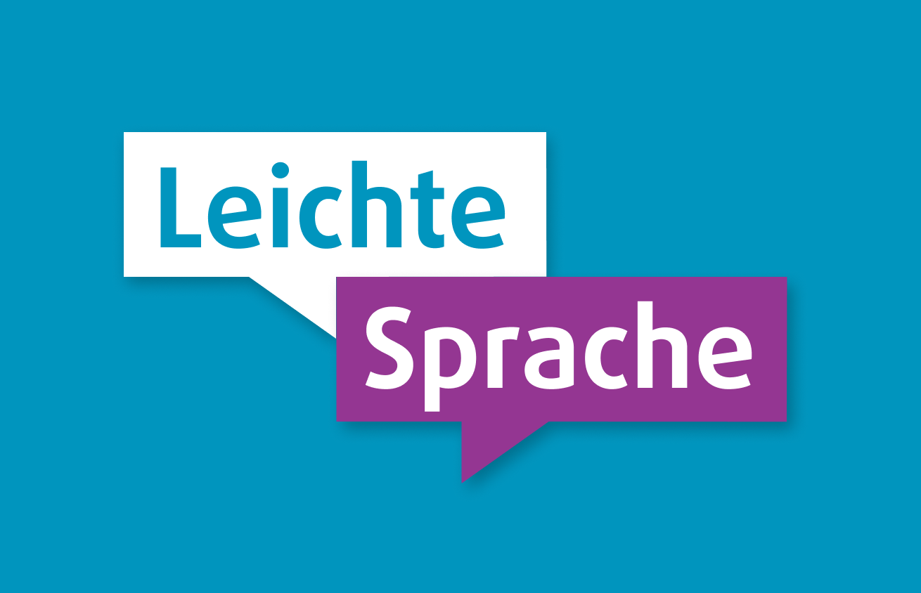 Zwei Sprechblasen mit Leichte Sprache auf blauem Hintergrund. Die Wörter "Leichte" und "Sprache" sind gut lesbar.