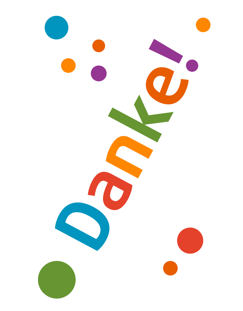Bunte Kreise und das Wort Danke! diagonal in verspielten, fetten Buchstaben auf weißem Hintergrund.