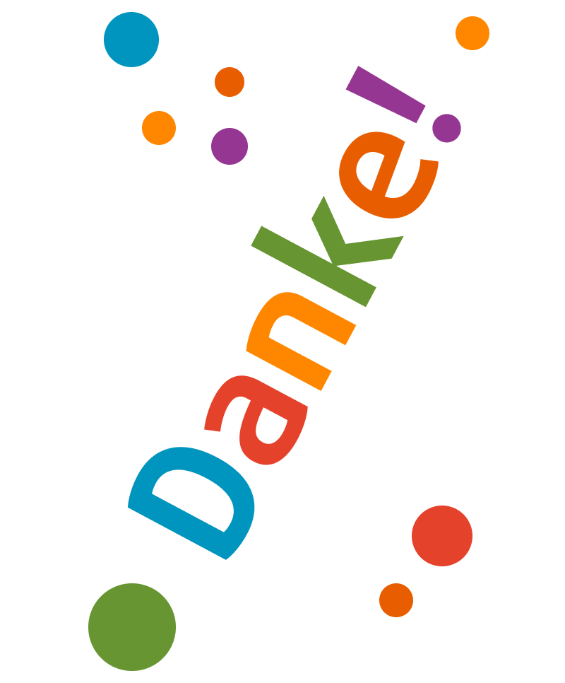 Bunte Kreise und das Wort Danke! diagonal in verspielten, fetten Buchstaben auf weißem Hintergrund.