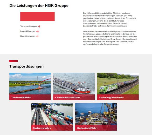 Screenshot einer Webseite in deutscher Sprache, auf der die Dienstleistungen der HGK-Gruppe vorgestellt werden. Sie enthält Text zu Transportlösungen und Logistik sowie Bilder von Frachtvorgängen wie Trockenschifffahrt, Chemikalientankern, Schienentransport und Containerbeladung in einem Hafen.