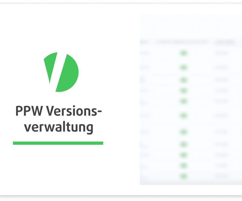 Grünes Tortendiagramm-Symbol und Text PPW Versionsverwaltung auf weißem Hintergrund, Bildschirm rechts unscharf.