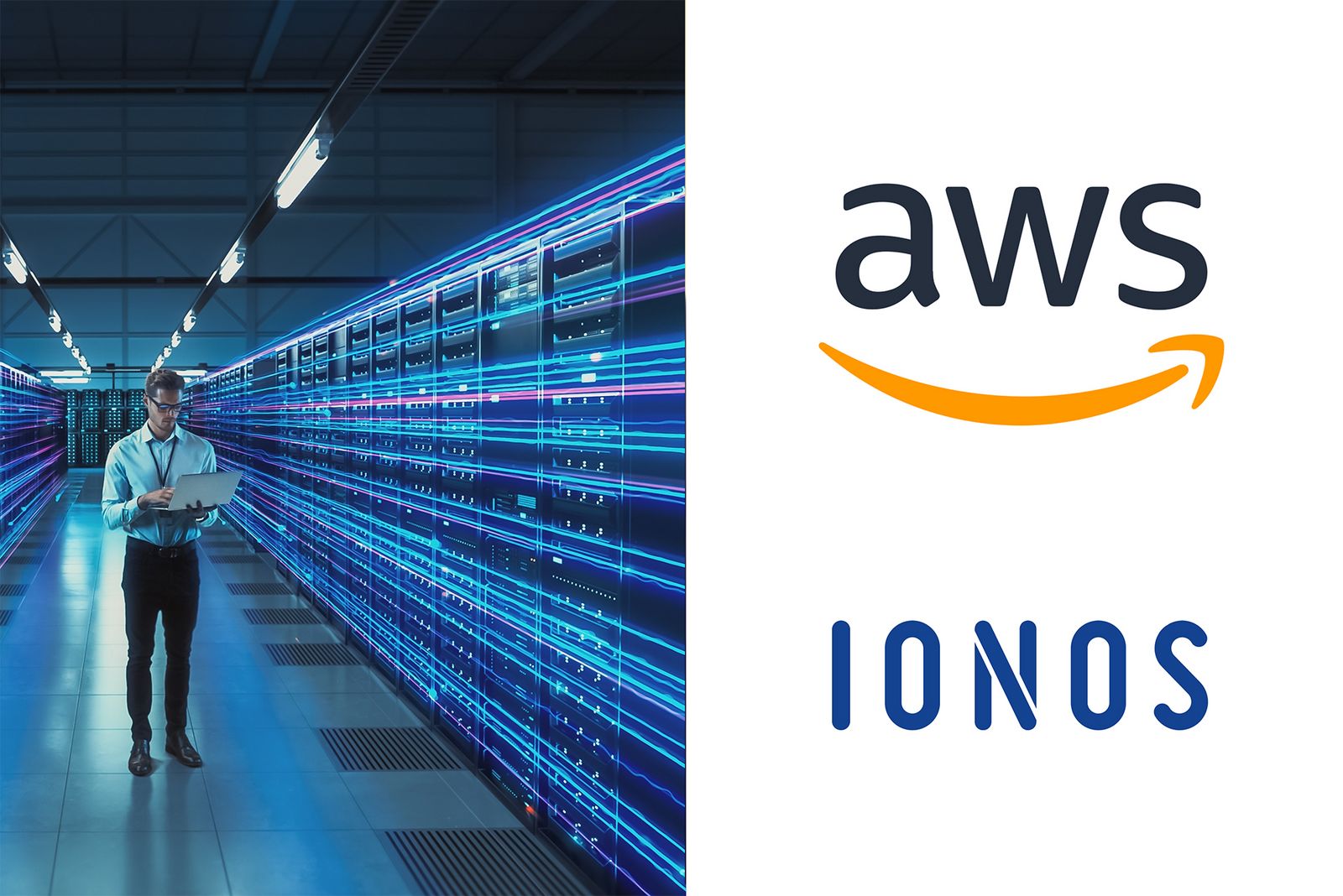Eine Person in einem Serverraum, rechts davon AWS- und IONOS-Logos auf weißem Hintergrund.