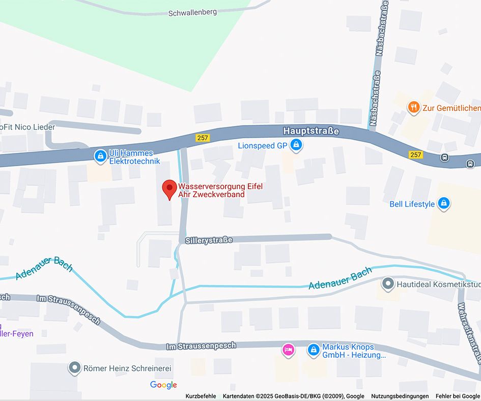 Die Karte zeigt die Lage der Wasserversorgung Eifel Ahr Z in Adenau, Deutschland, mit nahegelegenen Straßen und Wahrzeichen.