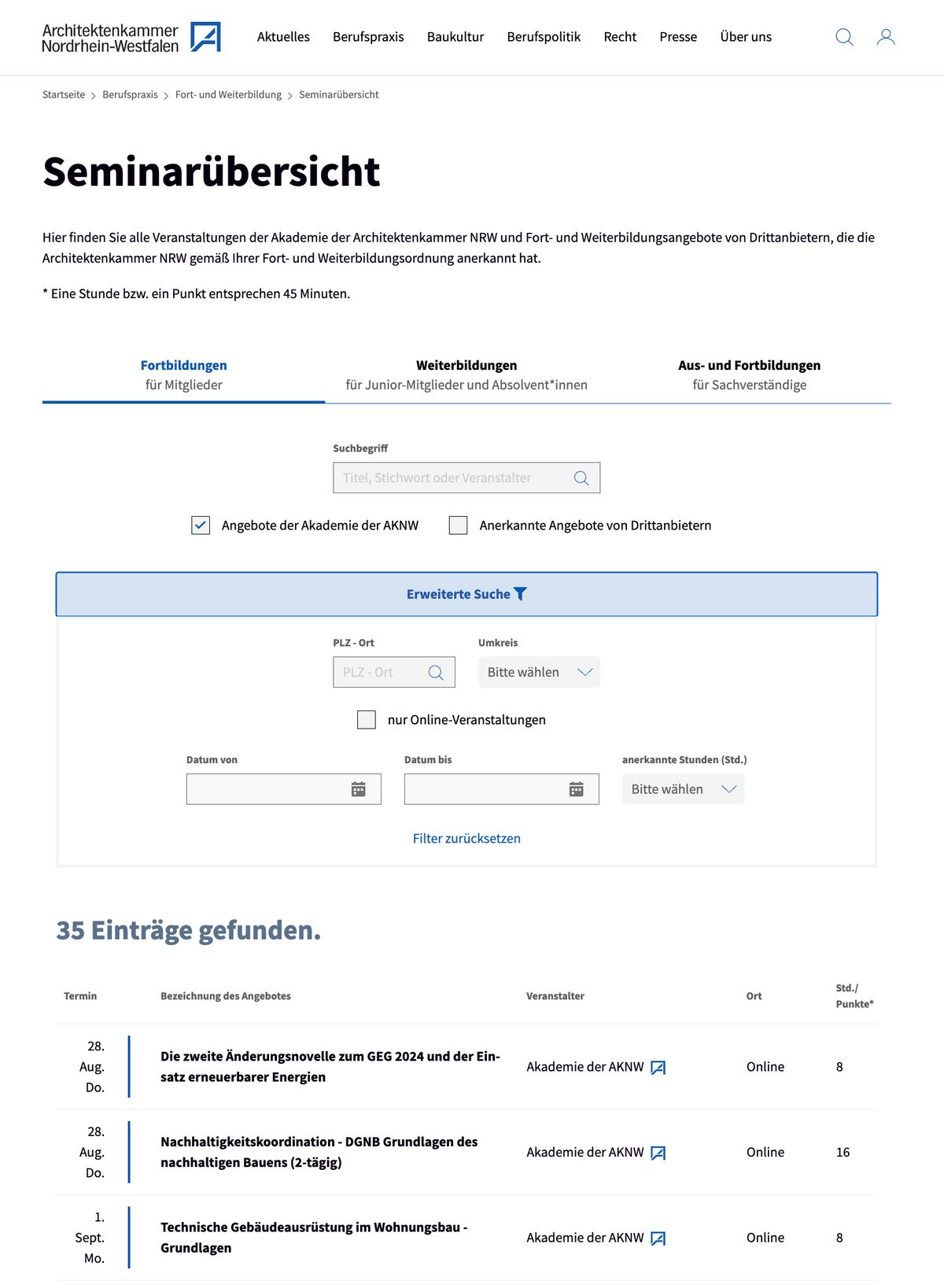Screenshot einer Seminarübersichtsseite mit Veranstaltungen, Filtern und einer Suchleiste von der Website der Architektenkammer NRW.