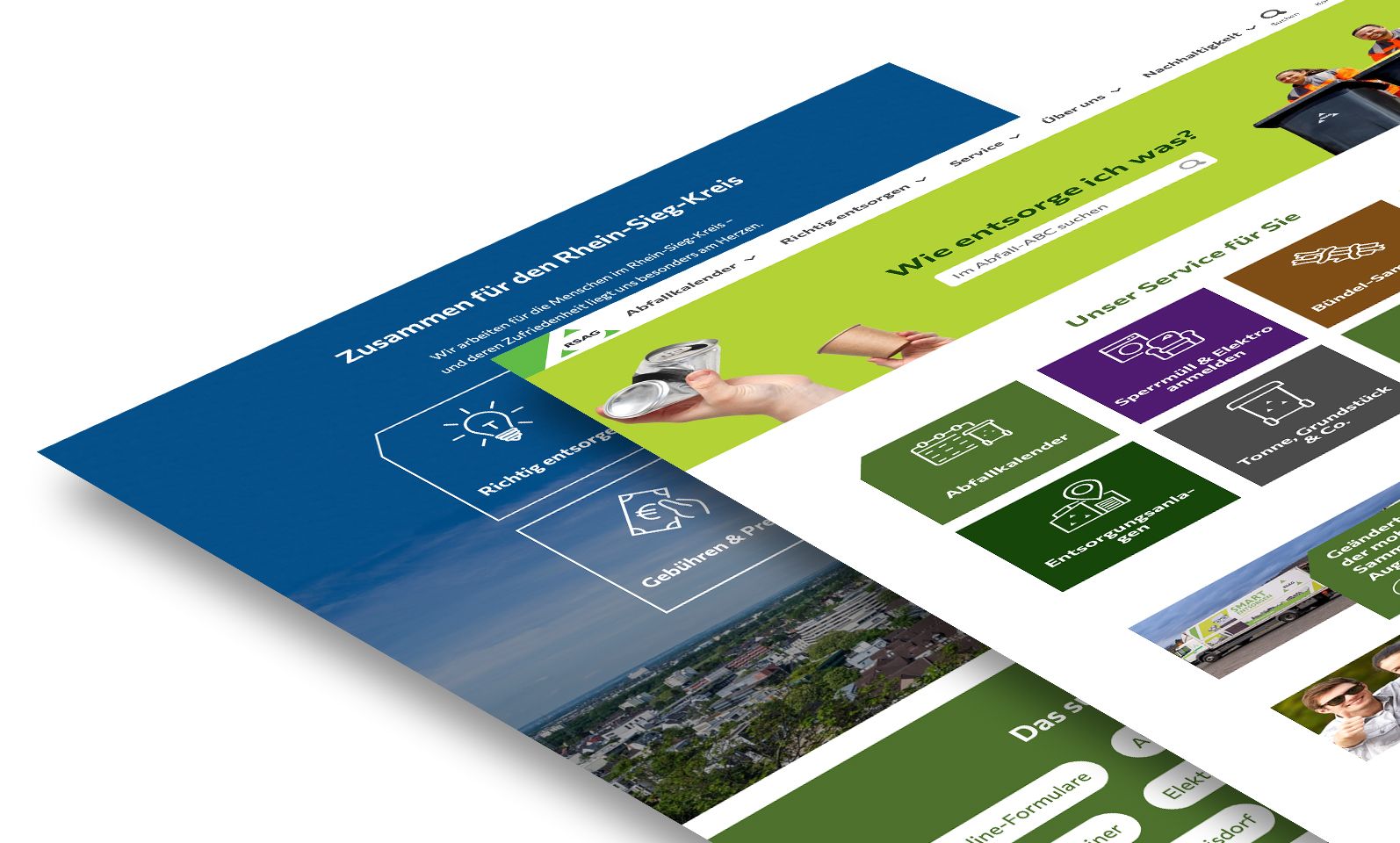 Es wird ein Website-Layout mit einem grün-weißen Farbschema angezeigt. Es verfügt über eine Navigationsleiste mit Registerkarten und Symbolen, die verschiedene Dienste darstellen, wie z. B. ein Haus, ein Blatt und Werkzeuge.