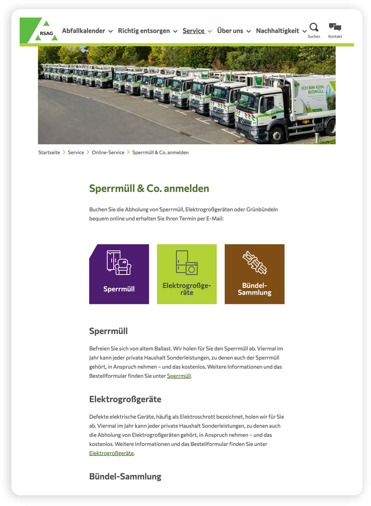 Website mit Sperrmüll-, Elektronik- und Bündelsammeloptionen, mit Symbolen und Müllwagen in der Kopfzeile.