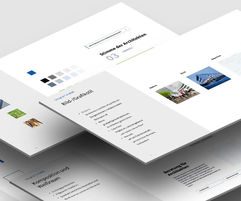 Stapel aus vier Bereiche der PatternLib mit Inhalten, darunter Text, abstrakte Grafiken und Fotos. Das Design ist klar mit weißem Hintergrund, blauen Akzenten und klarer Typografie und konzentriert sich auf Präsentationen und Unternehmensbranding.