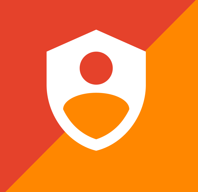 Sicherheit: Weißes Schild mit einem Personensymbol auf einem roten und orangefarbenen geometrischen Hintergrund, diagonal geteilt.