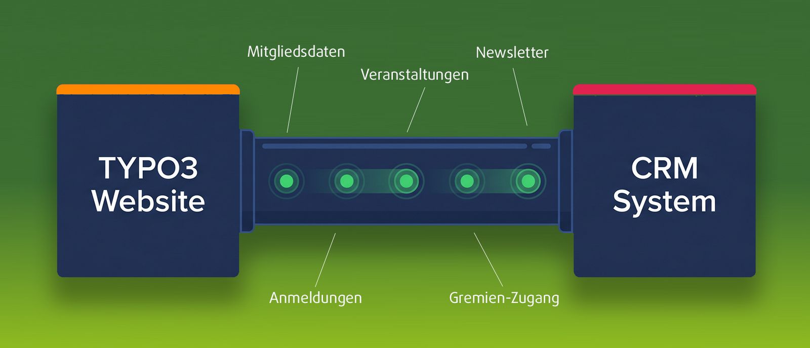 Daten werden zwischen der TYPO3-Website und dem CRM-System ausgetauscht: Mitgliedschaften, Veranstaltungen, Newsletter, Anmeldungen, Ausschüsse.