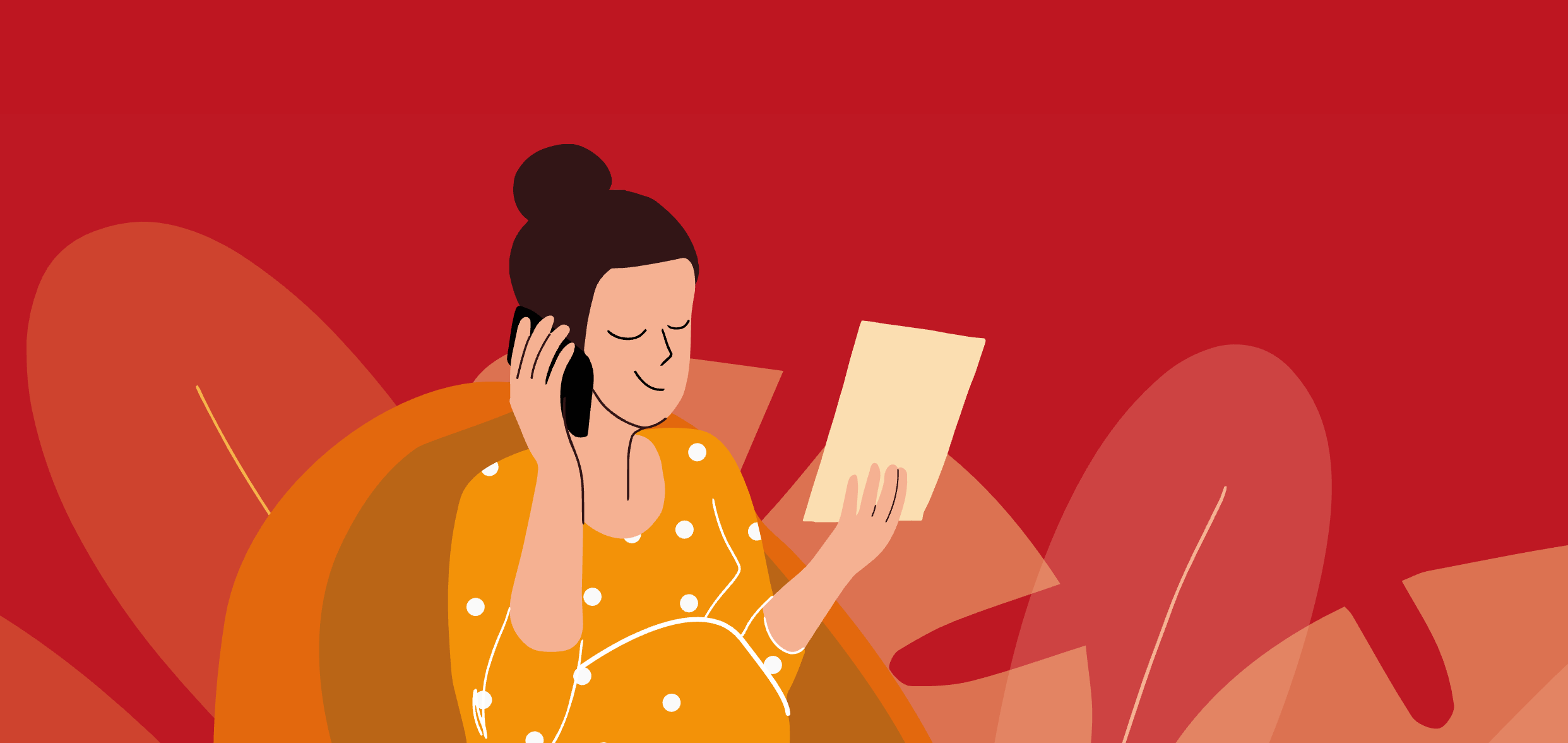 Illustration einer schwangeren Frau, die vor roten und orangefarbenen Blättern sitzt und telefoniert und einen Text liest.