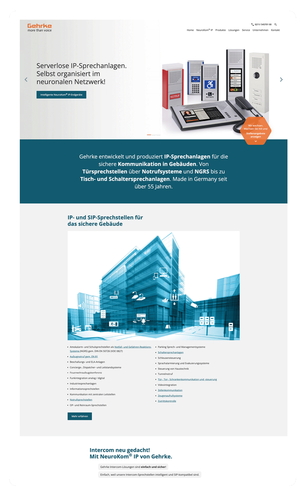 Eine Website mit IP-Gegensprechanlagen, einer blauen Gebäudegrafik und einem deutschen Text über sichere Kommunikation.