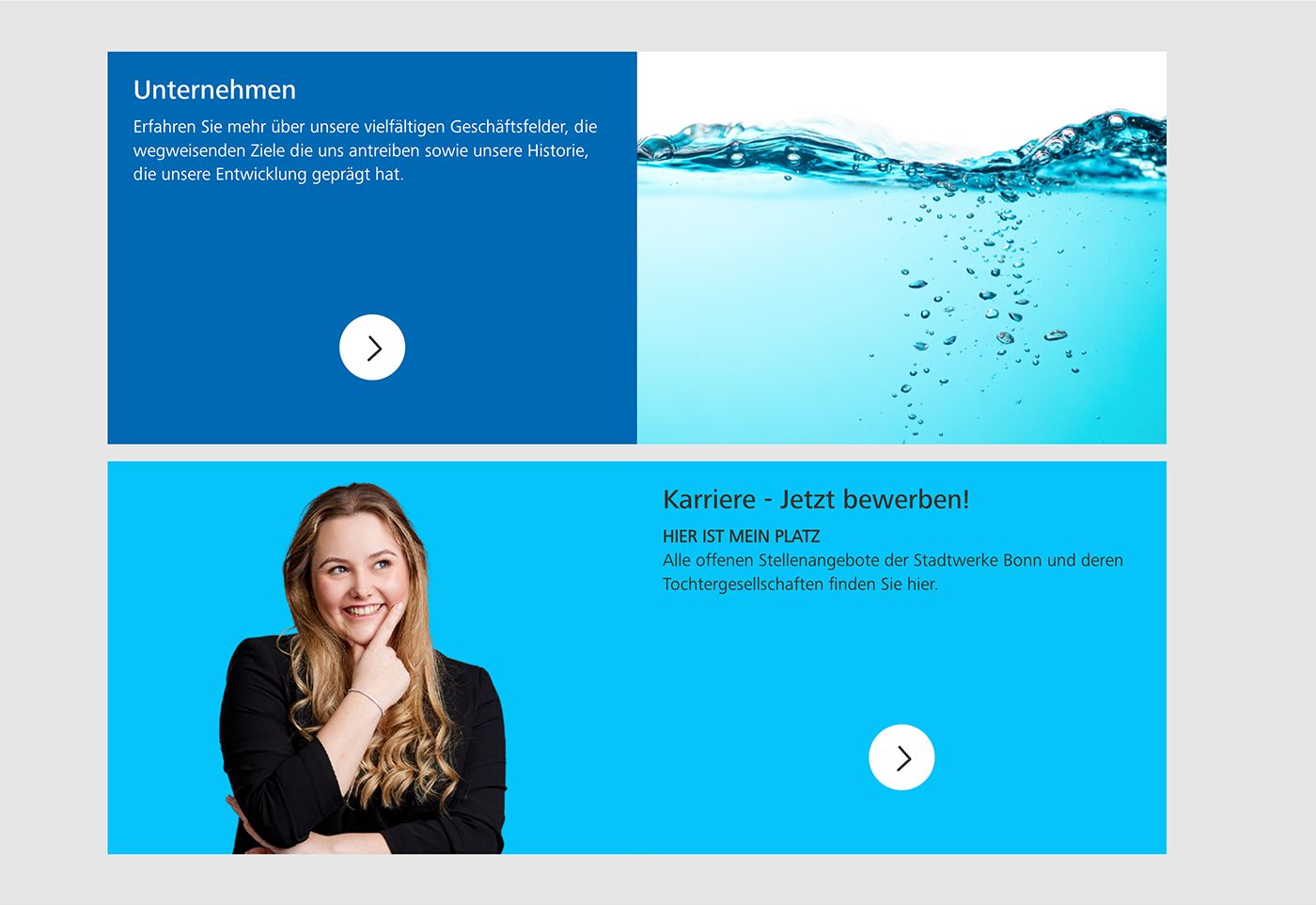 Blaue Website-Abschnitte: Wasserspritzer, Geschäftsinformationen, eine lächelnde Frau und eine Aufforderung zu Karrieremöglichkeiten.